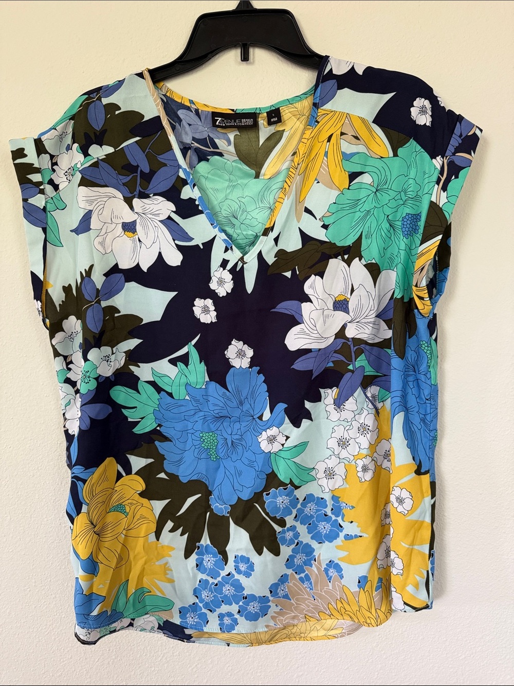 NY&CO Navy Multi Floral V‑Neck Blouse with Teal & Yellow Accents